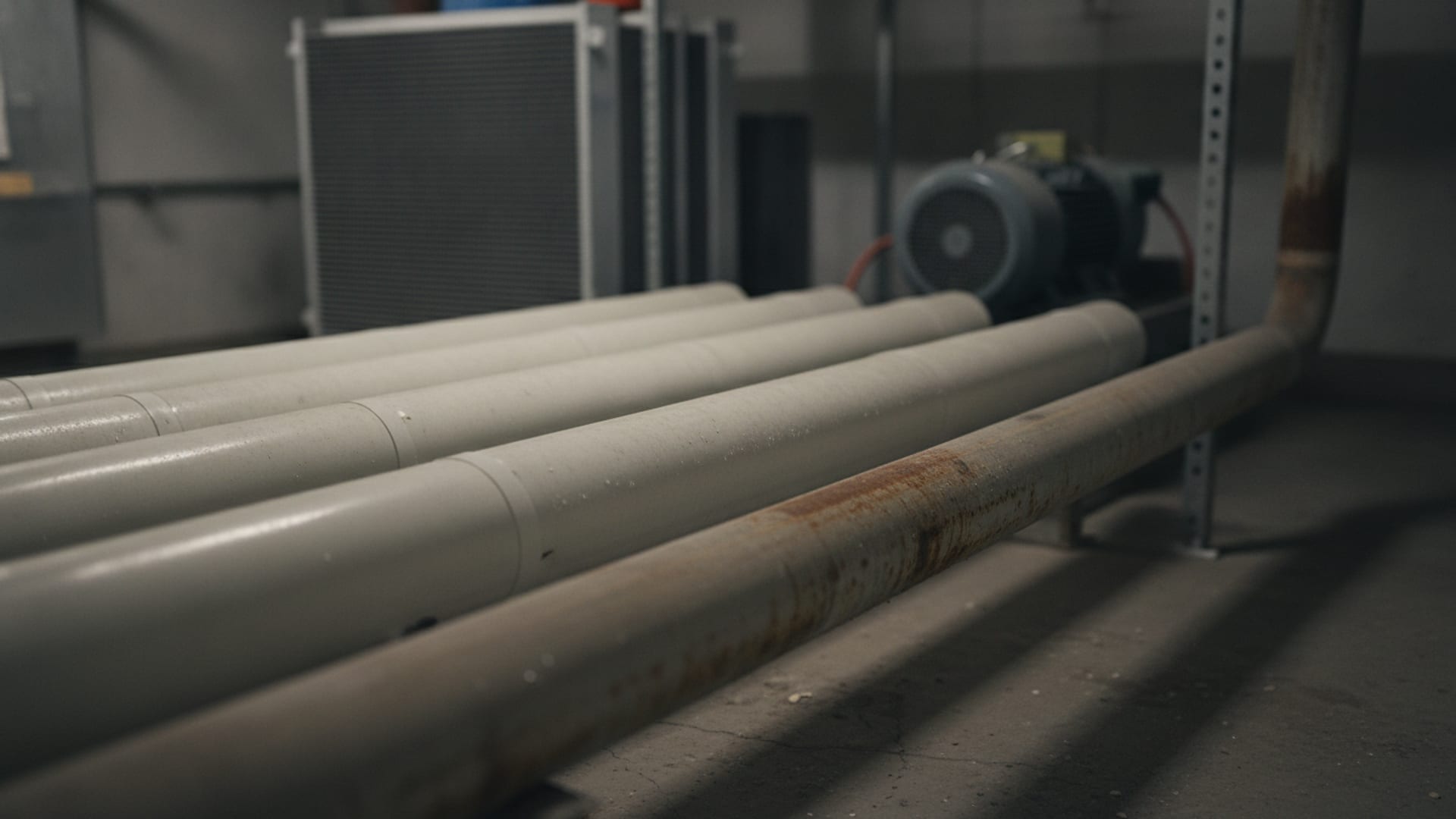 Rörledningar klädda med ljus plastplåt i en undercentral. Intill de isolerade stråken syns en oisolerad, rostig ledning.