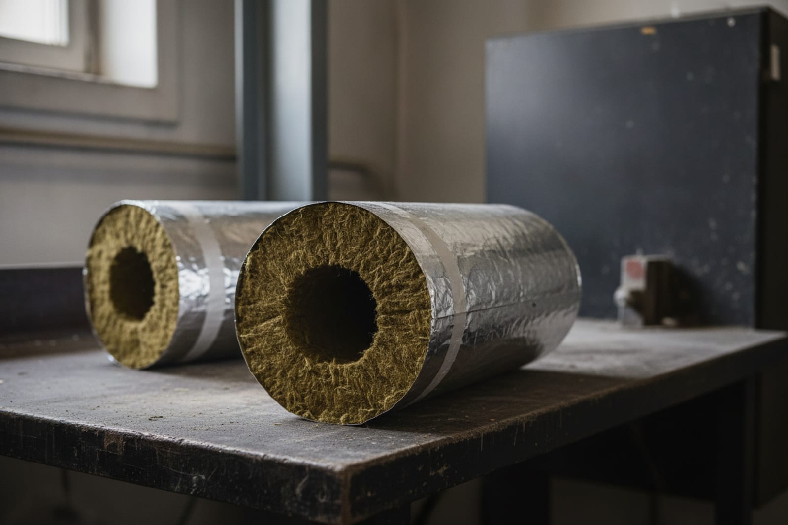 Aluminiumfolierade rörskålar av stenull på en arbetsbänk – genomskärningen visar den täta, fibrösa stenullen.