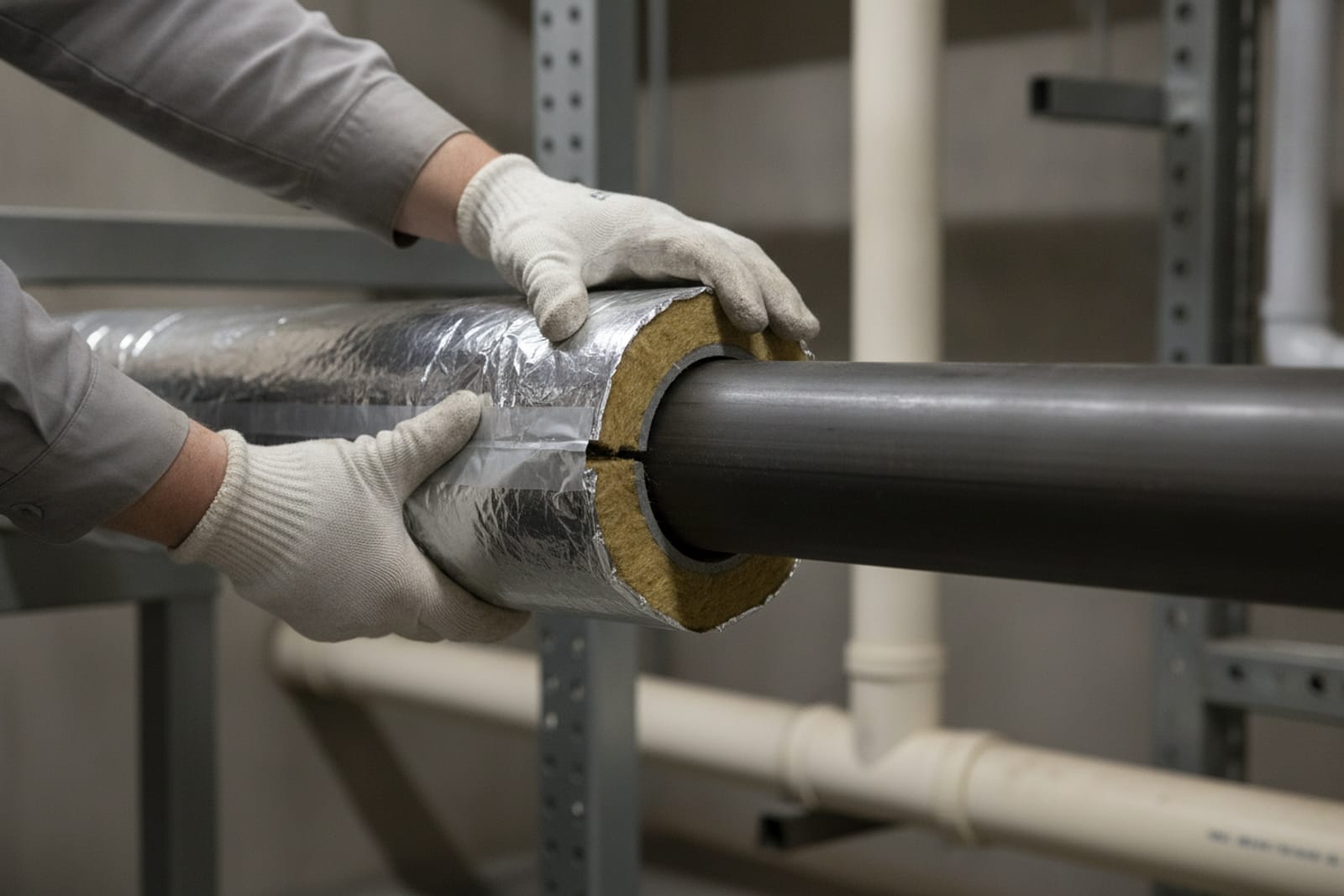 Montör i arbetshandskar trär en aluminiumfolierad rörskål av stenull på ett stålrör i passande dimension.