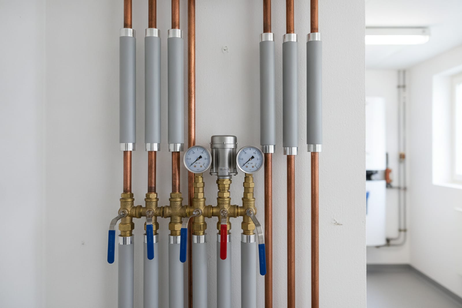 Ventilgrupp med manometrar, mässingsventiler och kopparrör – rörstråken isolerade med ljusgrå isolering avslutad med aluminiumband.
